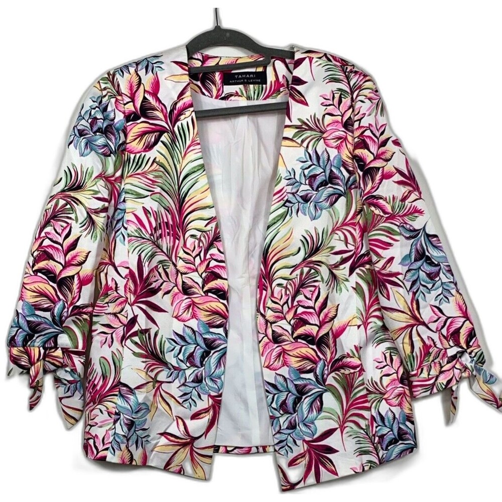 Tahari Arthur S Levine Blazer Womens 10 Floral Pink Multicolor Open Front Lined
